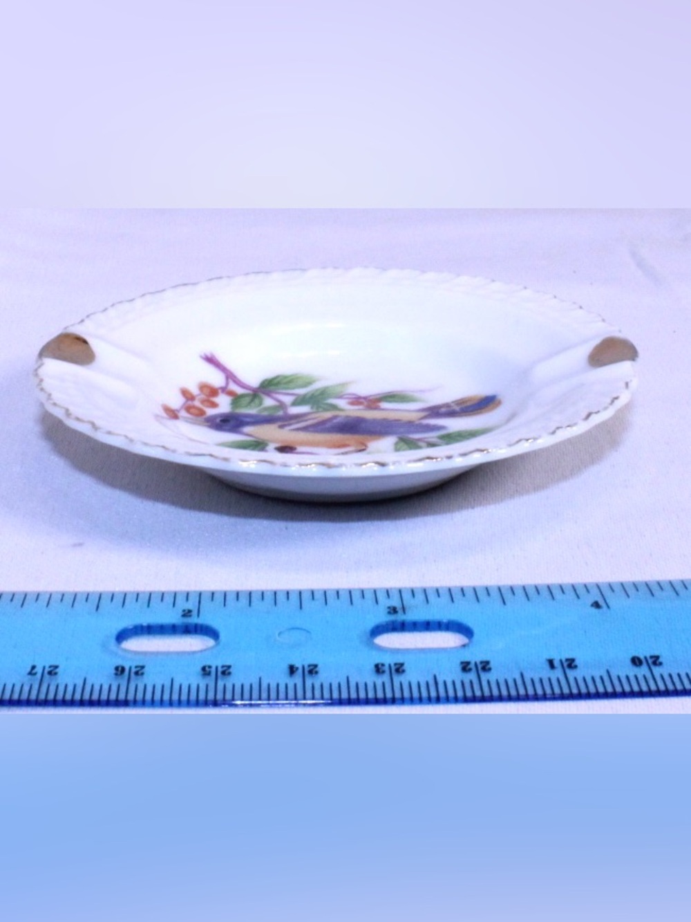 Hand-Painted Bird and Berries Porcelain Butter Pat Dish with Gold Trim - Picture 6 of 6